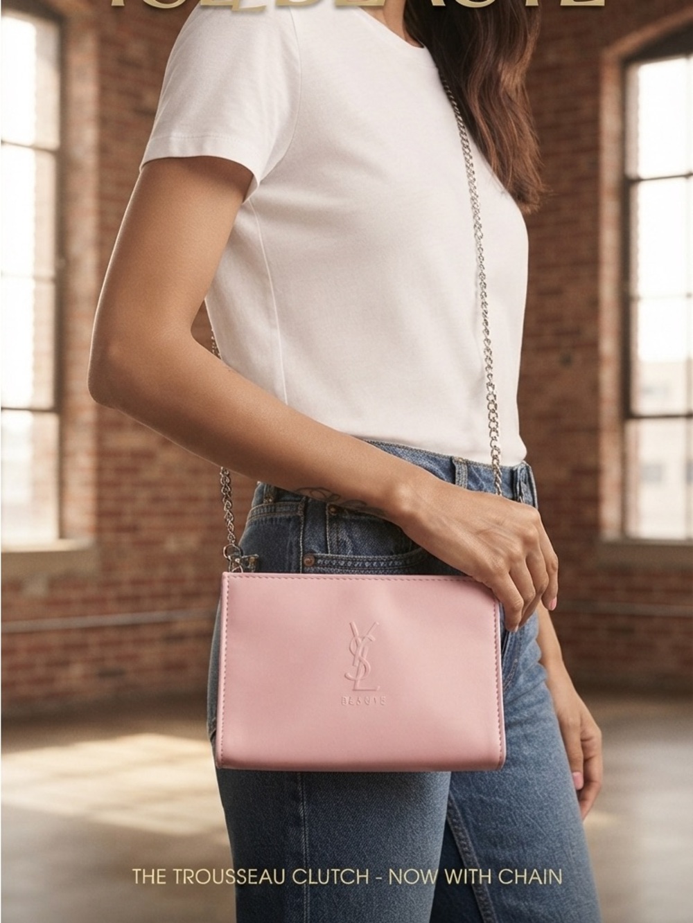 Yves Saint Laurent Beaute Pink Trousseau Bag with Silver Chain Clutch